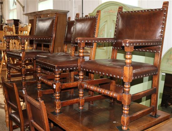 Set of 8 oak leather seated dining chairs(-)